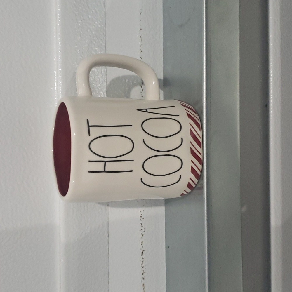Rae Dunn Hot Cocoa Mug with Red Interior & Peppermint stripe on bottom